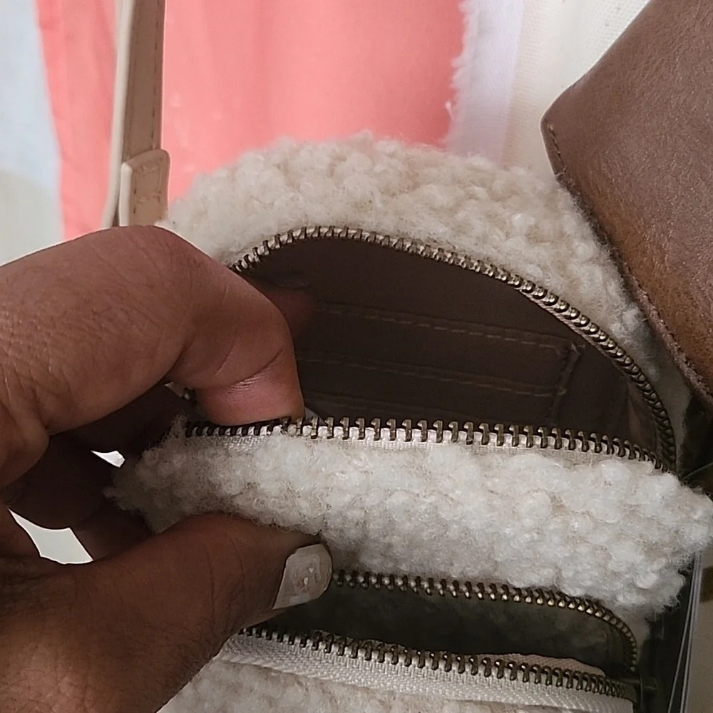 Brown Crossbody Bag with Cream Sherpa Pouch And Bom Bom Keychain Set Of 3 - Picture 14 of 17